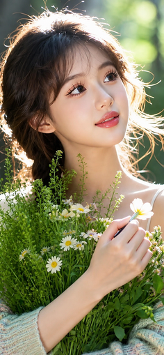 Woman with long hair holding a bouquet of daisy flowers outdoors with backlight