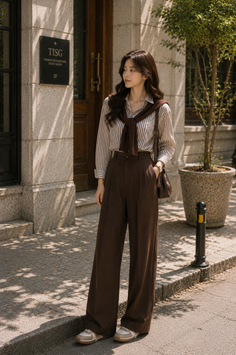 Woman in a striped shirt and wide leg pants with a sweater tied over her shoulders
