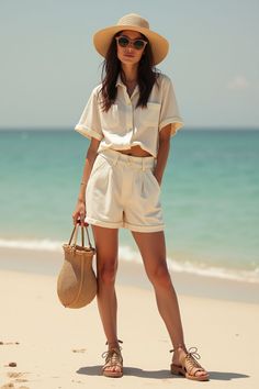 Woman in a straw hat and shorts holding a straw bag on a beach