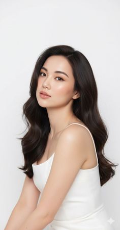 Woman with long black hair wearing a white top against a white background
