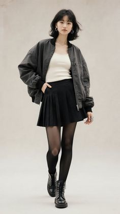 Woman with short black hair wearing a bomber jacket, pleated skirt, and combat boots