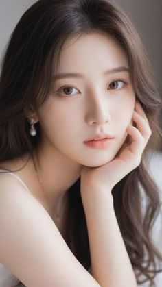 Woman with long brown hair and pearl earrings in a soft lighting portrait