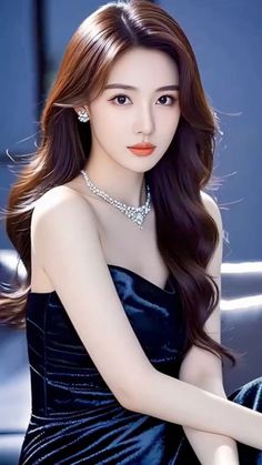 Woman with long brown hair wearing a strapless dress and jewelry