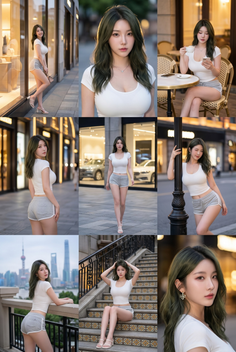 Woman in a white top and short shorts posing in various outdoor settings