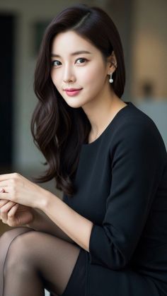 Woman with long dark hair wearing a black dress and pearl earrings
