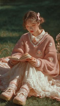 Woman in a pink sweater and lace dress reading a book outdoors