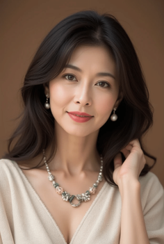 Woman with long dark hair wearing a necklace and pearl earrings