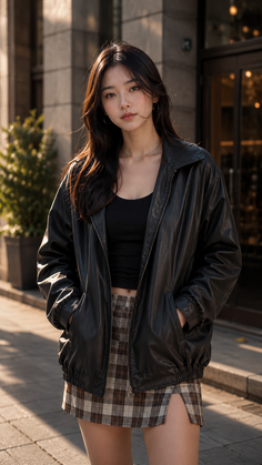 Woman in a black leather jacket and plaid skirt on a sunlit street