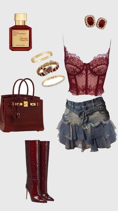 Fashion flat lay with a red lace corset, denim skirt, and matching accessories