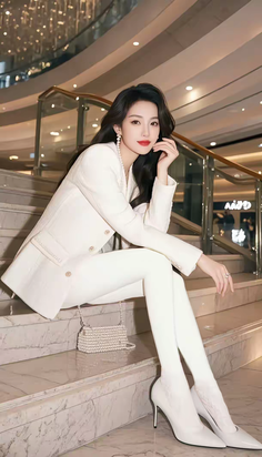Woman in a white suit and high heels sitting on marble stairs indoors