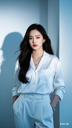 Woman with long dark hair wearing a white shirt and pants with jewelry