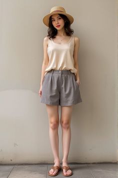 Woman in a straw hat, tank top, and shorts standing against a wall