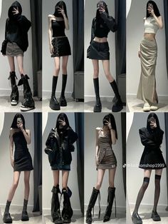 Multiple women showcasing various dark-toned fashion outfits and accessories