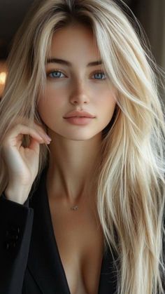 Woman with blonde hair and blue eyes wearing a black blazer and necklace