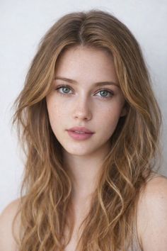 Woman with long wavy hair, green eyes, and freckles in a close-up portrait