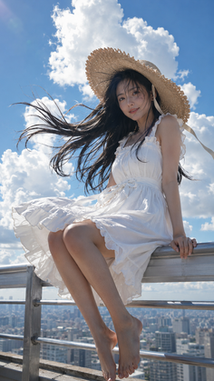 Woman in a white dress and straw hat sitting on a railing overlooking a cityscape