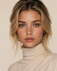 Woman with blonde hair and blue eyes wearing a cream turtleneck