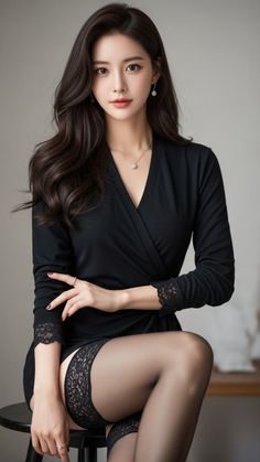 Woman with long dark hair wearing a black dress and lace stockings indoors