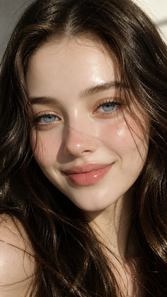 Close up portrait of a smiling woman with long brown hair and blue eyes