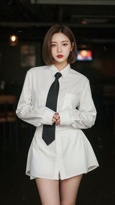 Woman in a white shirt and black tie with short hair and red lipstick
