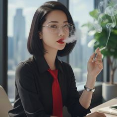 Woman with short hair, red lipstick, and glasses, smoking indoors with a cityscape background