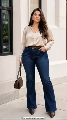 Woman with long hair wearing a satin shirt and flared jeans outdoors