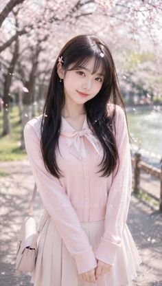 Woman with long dark hair in a pink cardigan and pleated skirt under cherry blossoms