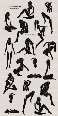 Multiple abstract black silhouettes of women in various poses on a light background