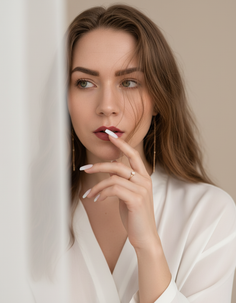 Woman in a white robe with long hair and red lipstick, looking away