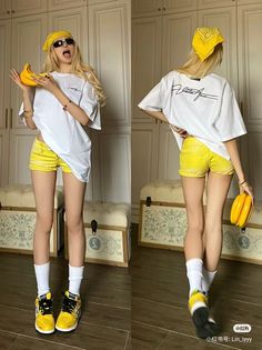 Woman with long blonde hair wearing a yellow bandana and sunglasses, holding a banana-shaped bag