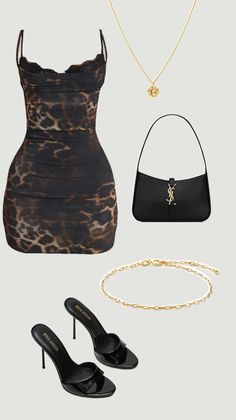 Leopard print dress with black high heels, handbag, and gold jewelry