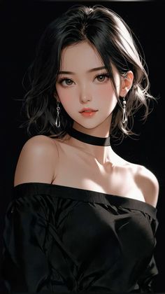 Illustration of a woman with black hair wearing an off-shoulder top and choker