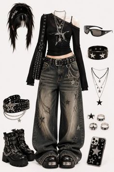 Gothic style outfit with star-themed accessories and baggy jeans