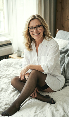 Woman with blonde hair and glasses wearing a white shirt and stockings in a bedroom