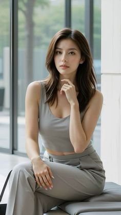Woman with long brown hair wearing a gray top and pants, sitting indoors