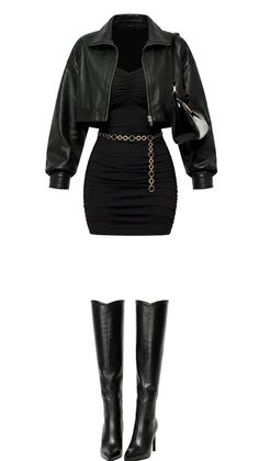 Black leather jacket, mini dress, and knee-high boots with a gold chain belt