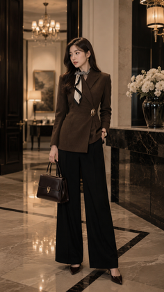 Woman in a brown blazer and black pants holding a handbag indoors