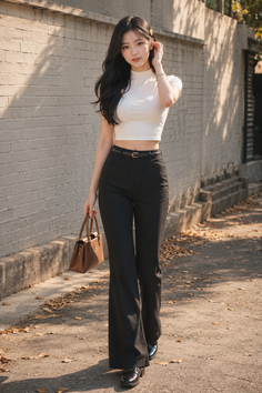 Woman with long black hair in a white crop top and black pants holding a brown handbag