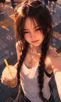 Anime style girl with braids and sunglasses taking a selfie on a street