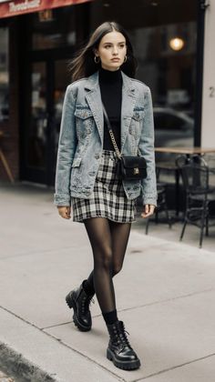 Woman in a denim jacket and plaid skirt walking on a city street