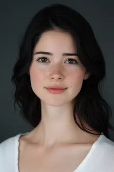 Young woman with dark hair and freckles in a soft lighting portrait