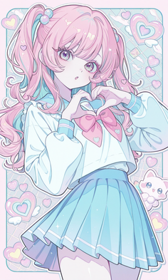 Anime girl with pink twin tails in a school uniform making a heart gesture