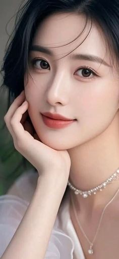 Woman with black hair and a pearl necklace, resting her chin on her hand