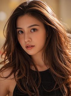 Woman with long brown hair wearing a black top, captured in soft lighting