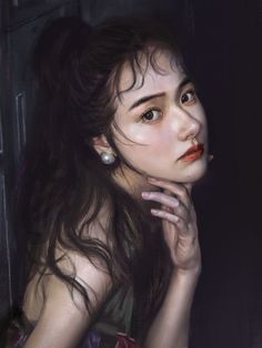 Realistic portrait of a woman with a ponytail and pearl earring against a dark background
