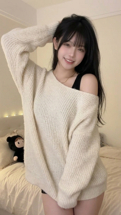 Woman in an oversized sweater with one shoulder exposed, smiling in a bedroom