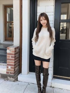 Woman in an oversized sweater, mini skirt, and thigh-high boots smiling outdoors