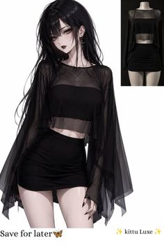 Anime girl with long black hair wearing a sheer top and mini skirt