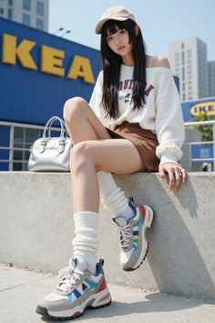 Woman in a baseball cap and off-shoulder top sitting outdoors
