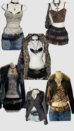 Multiple outfits on mannequins featuring leopard print, denim, and gothic accessories